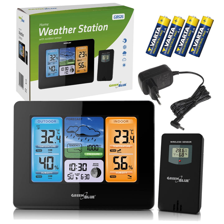 GreenBlue trådløs vejrstation, farvet, med DCF-system, månefaser, strømforsyning, batterier, GB526