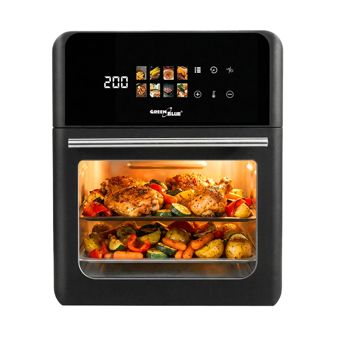 GreenBlue AIR FRYER fedtfri frituregryde, kraftig 1800 W, 10 l kapacitet, 8 programmer, tilbehør, timer, GB950