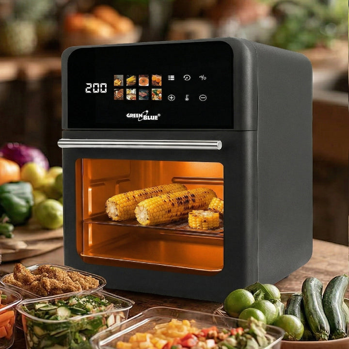 GreenBlue AIR FRYER fedtfri frituregryde, kraftig 1800 W, 10 l kapacitet, 8 programmer, tilbehør, timer, GB950