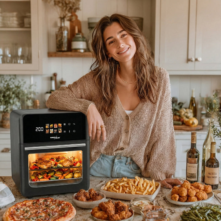 GreenBlue AIR FRYER fedtfri frituregryde, kraftig 1800 W, 10 l kapacitet, 8 programmer, tilbehør, timer, GB950