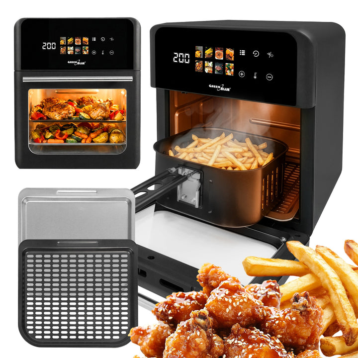GreenBlue AIR FRYER fedtfri frituregryde, kraftig 1800 W, 10 l kapacitet, 8 programmer, tilbehør, timer, GB950