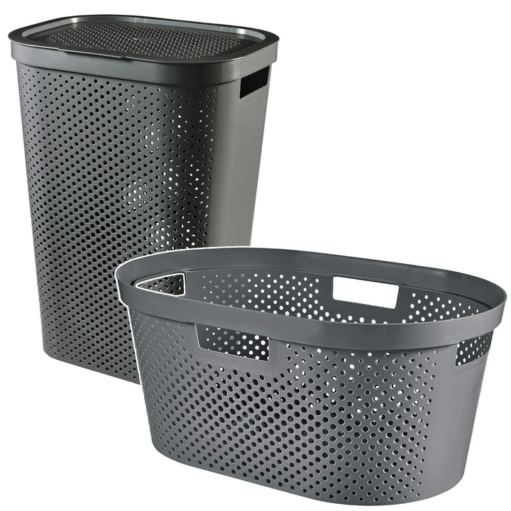 Curver Infinity Recycled vasketøjskurv, kapacitet 40 l, mørkegrå, 100 % genanvendt, 245675 + Curver Infinity Recycled vasketøjskurv 60 l