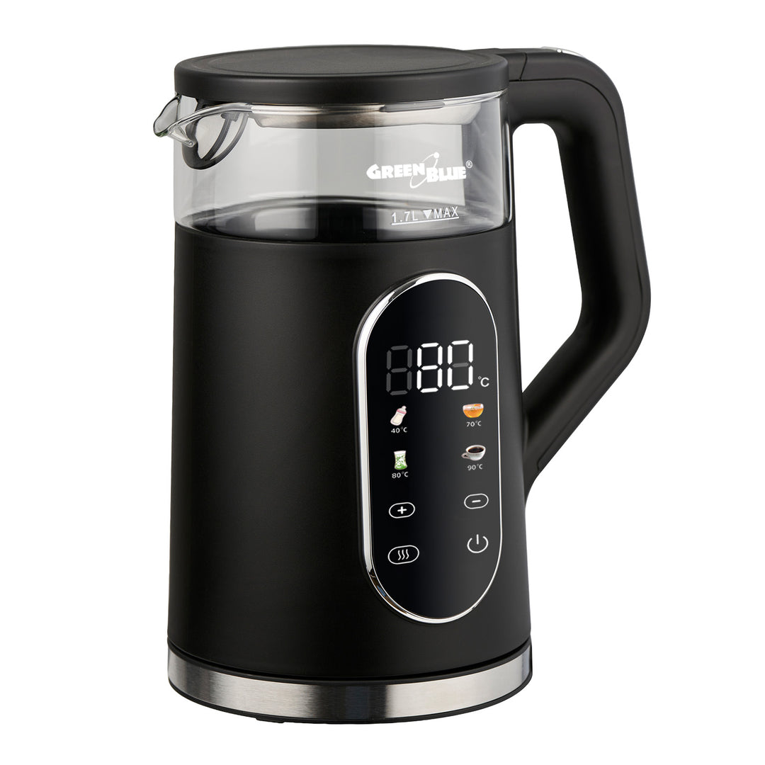 GreenBlue trådløs elkedel, 1,7 l, vandbeholder i glas, letlæseligt display, temperaturvalg, 2200 W, GB670 B