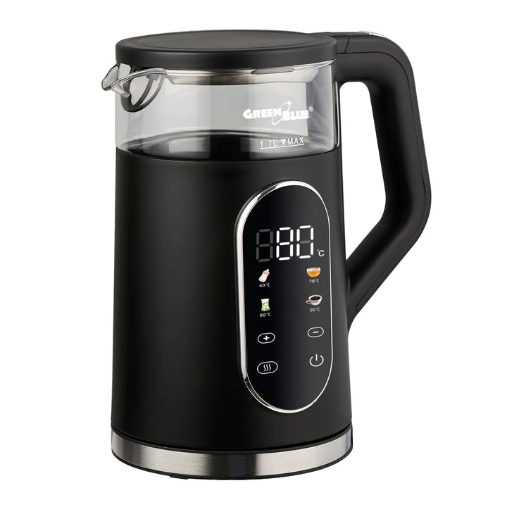 GreenBlue trådløs elkedel, 1,7 l, vandbeholder i glas, letlæseligt display, temperaturvalg, 2200 W, GB670 B