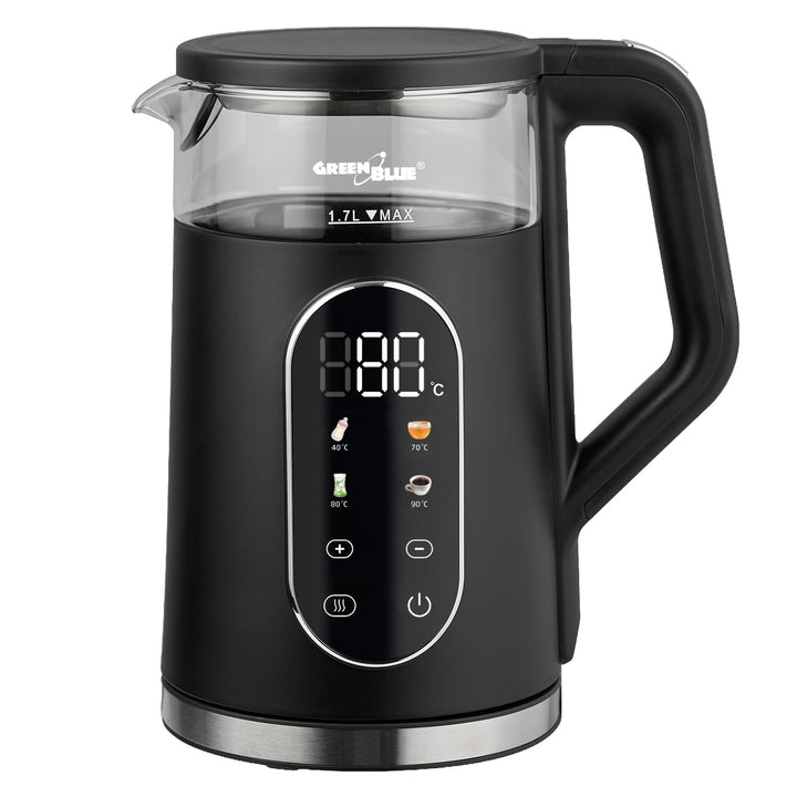 GreenBlue trådløs elkedel, 1,7 l, vandbeholder i glas, letlæseligt display, temperaturvalg, 2200 W, GB670 B