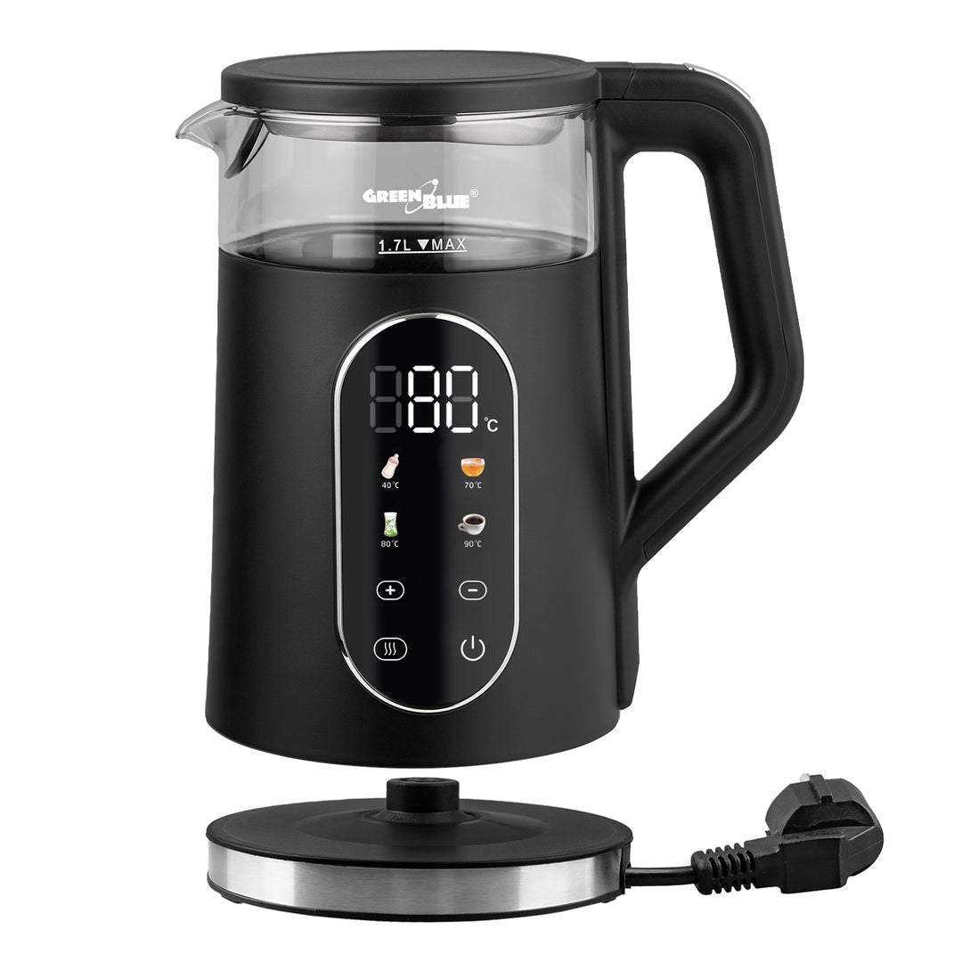 GreenBlue trådløs elkedel, 1,7 l, vandbeholder i glas, letlæseligt display, temperaturvalg, 2200 W, GB670 B