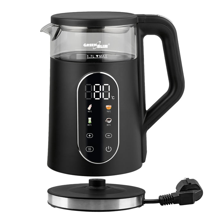 GreenBlue trådløs elkedel, 1,7 l, vandbeholder i glas, letlæseligt display, temperaturvalg, 2200 W, GB670 B