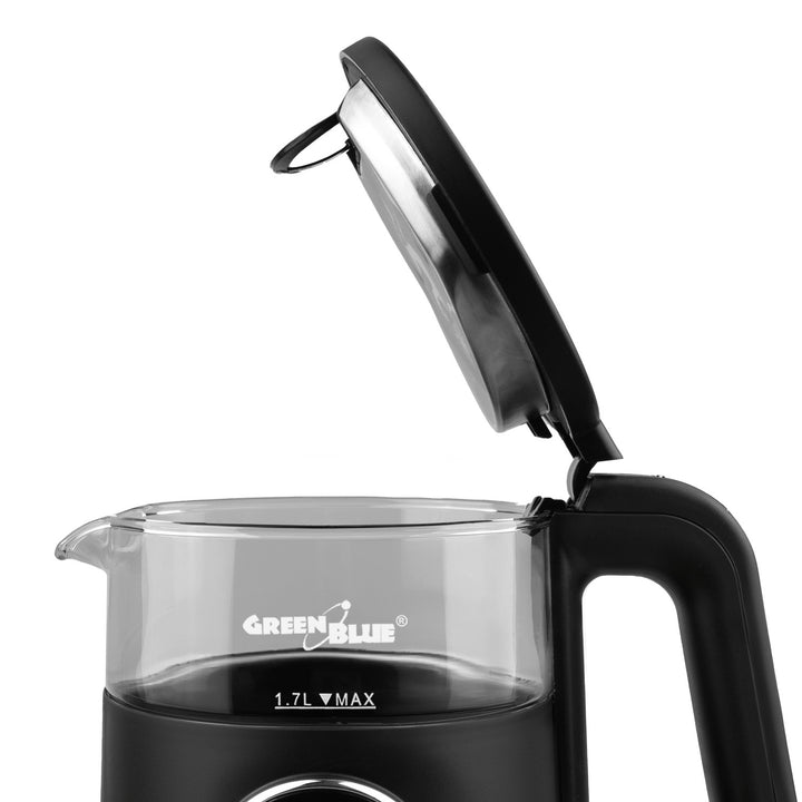 GreenBlue trådløs elkedel, 1,7 l, vandbeholder i glas, letlæseligt display, temperaturvalg, 2200 W, GB670 B