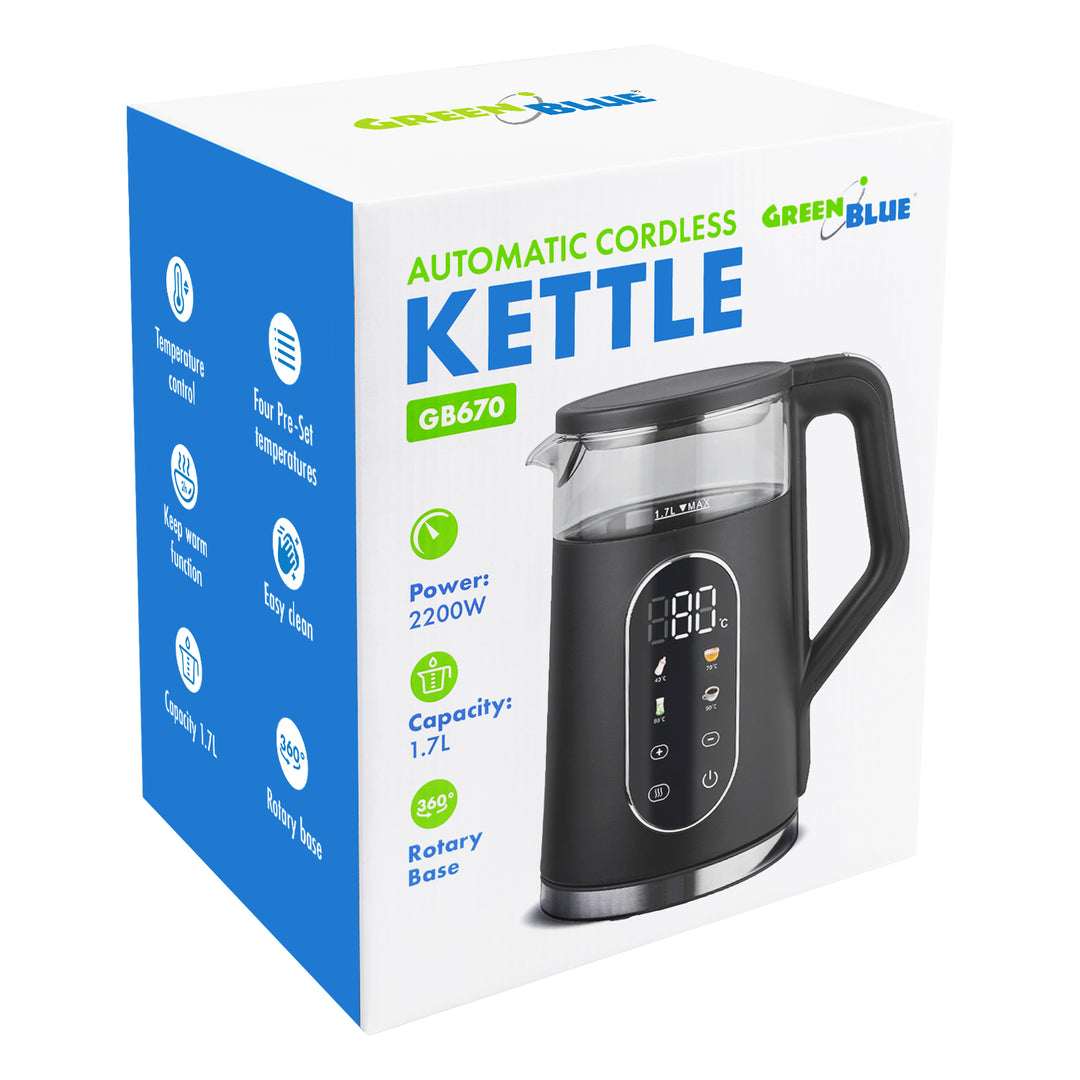 GreenBlue trådløs elkedel, 1,7 l, vandbeholder i glas, letlæseligt display, temperaturvalg, 2200 W, GB670 B