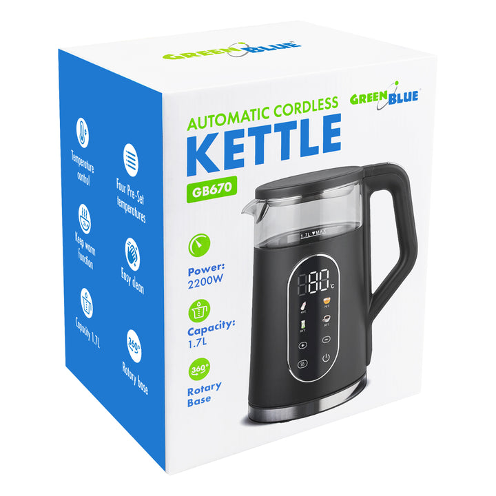 GreenBlue trådløs elkedel, 1,7 l, vandbeholder i glas, letlæseligt display, temperaturvalg, 2200 W, GB670 B