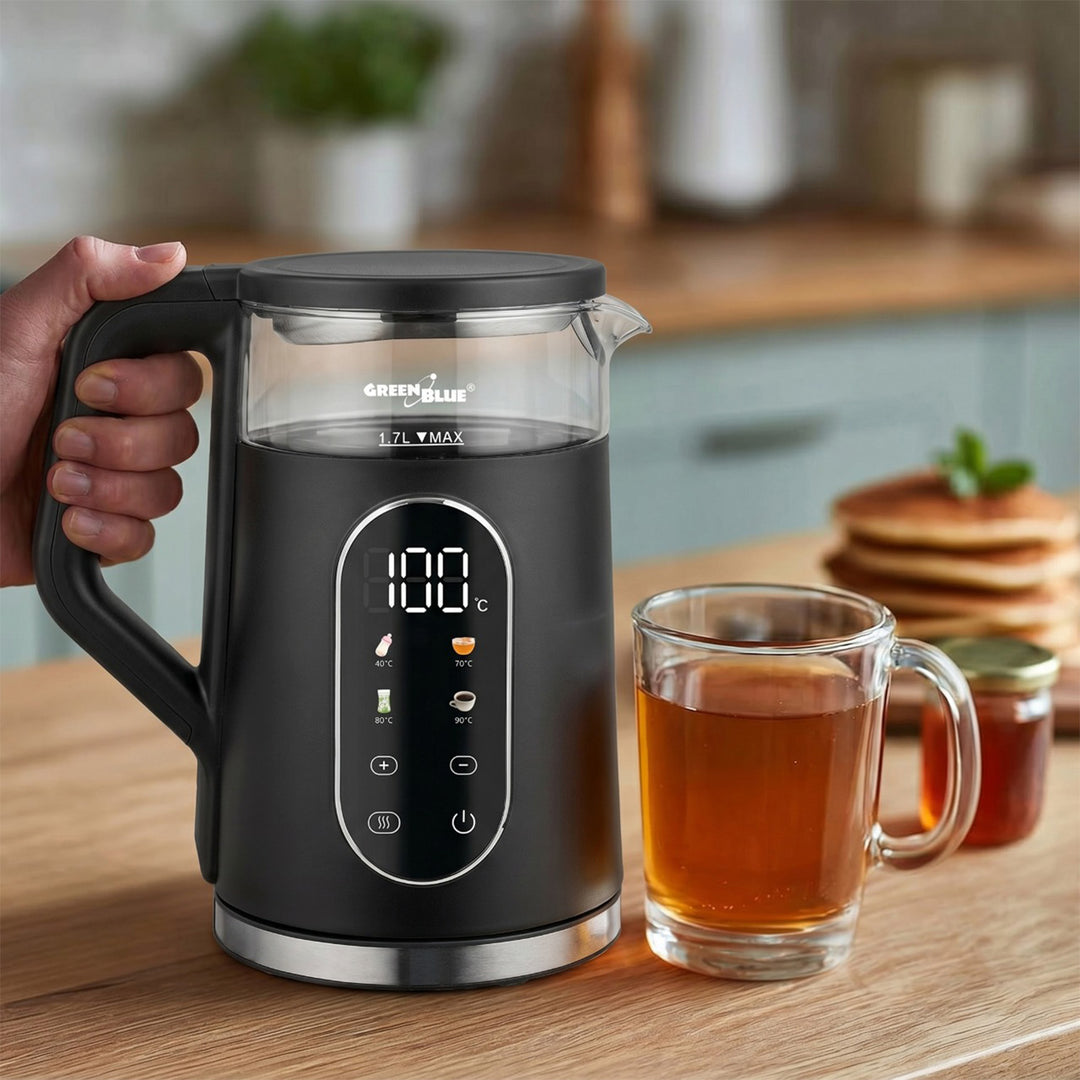 GreenBlue trådløs elkedel, 1,7 l, vandbeholder i glas, letlæseligt display, temperaturvalg, 2200 W, GB670 B