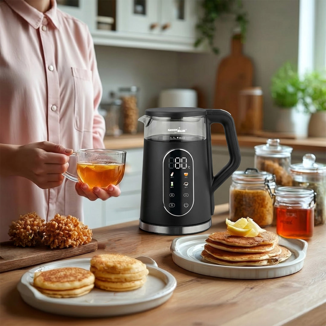 GreenBlue trådløs elkedel, 1,7 l, vandbeholder i glas, letlæseligt display, temperaturvalg, 2200 W, GB670 B