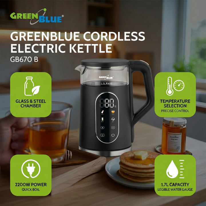 GreenBlue trådløs elkedel, 1,7 l, vandbeholder i glas, letlæseligt display, temperaturvalg, 2200 W, GB670 B