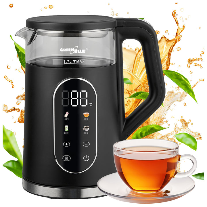 GreenBlue trådløs elkedel, 1,7 l, vandbeholder i glas, letlæseligt display, temperaturvalg, 2200 W, GB670 B
