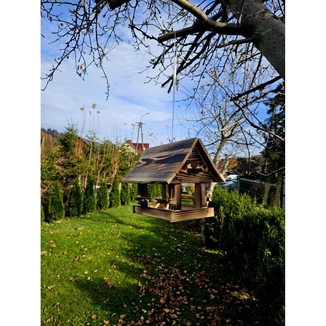 Woodok fuglefoderhus, træ, brændt, ophængskrog + fuglefrø 1 kg