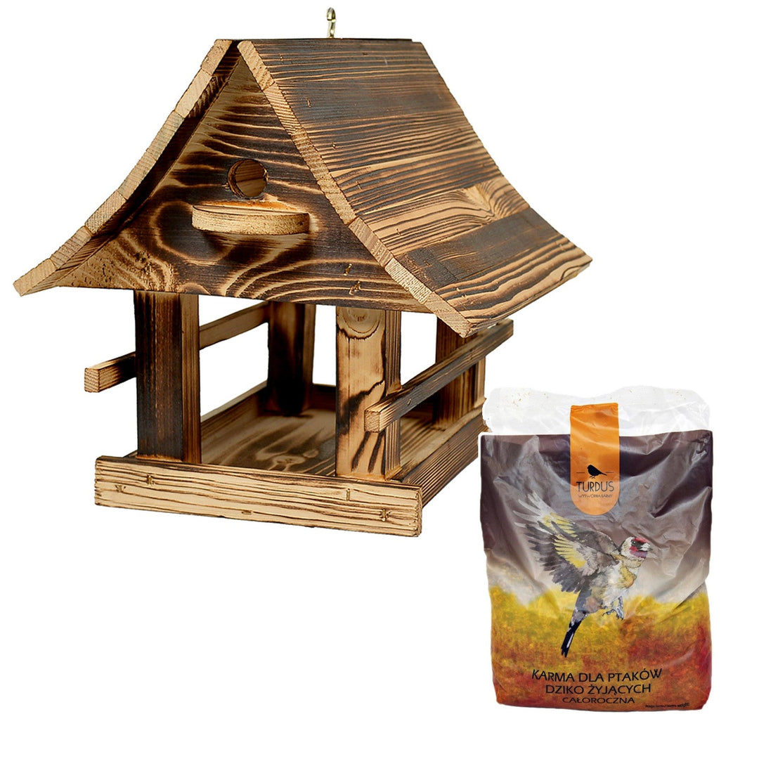 Woodok fuglefoderhus, træ, brændt, ophængskrog + fuglefrø 1 kg