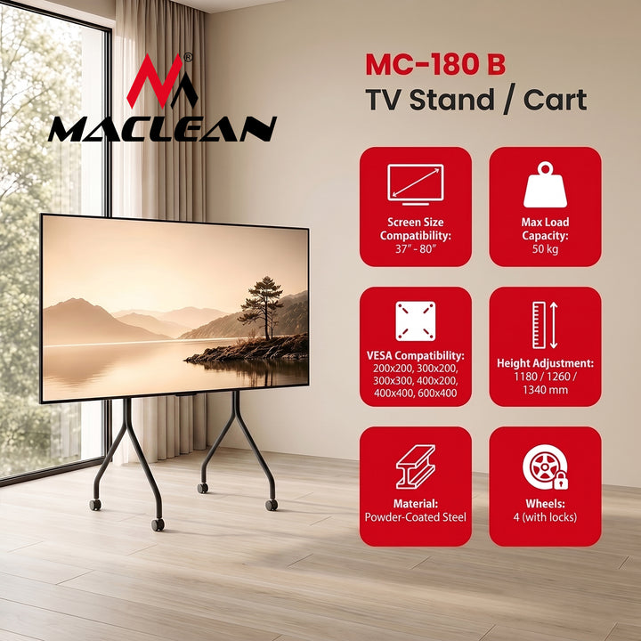 Maclean TV-stativ/vogn, på hjul, 37-80", maks. belastning 50 kg, maks. VESA 600x400, sort, MC-180 B