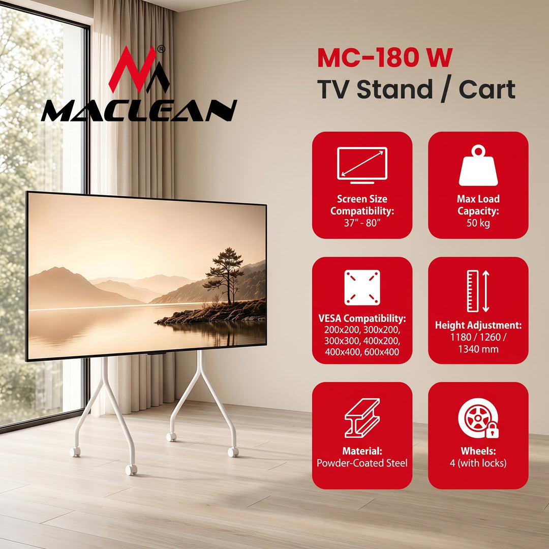 Maclean TV-stativ/vogn, på hjul, 37-80", maks. belastning 50 kg, maks. VESA 600x400, hvid, MC-180 W