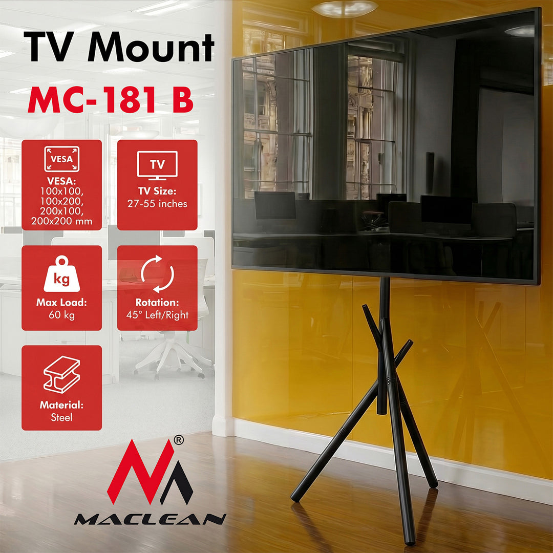 Maclean TV-holder/gulvstativ, 27-55", maks. VESA 200x200, maks. 60 kg, MC-181 B