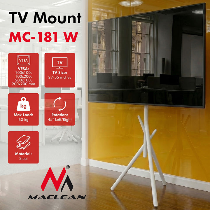 Maclean TV-holder/gulvstativ, 27-55", maks. VESA 200x200, maks. 60 kg, MC-181 W