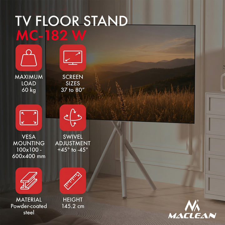 Maclean TV-gulvholder/-stativ, 37-80", maks. VESA 600x400, maks. 60 kg, MC-182 W