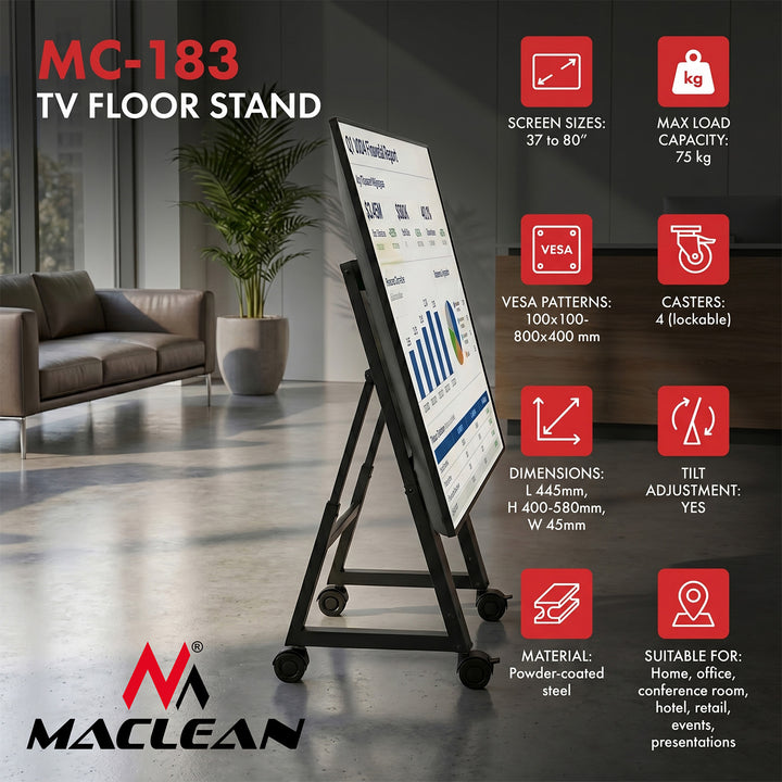 Maclean TV-vogn/gulvstativ, 37-80", maks. VESA 800x400, maks. 75 kg, mobil, hjullås, MC-183