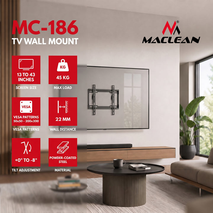 Maclean TV-beslag/ophæng, maks. VESA 200x200, 13-43", op til 45 kg, sort, hældningsjustering 0°~-8°, MC-186