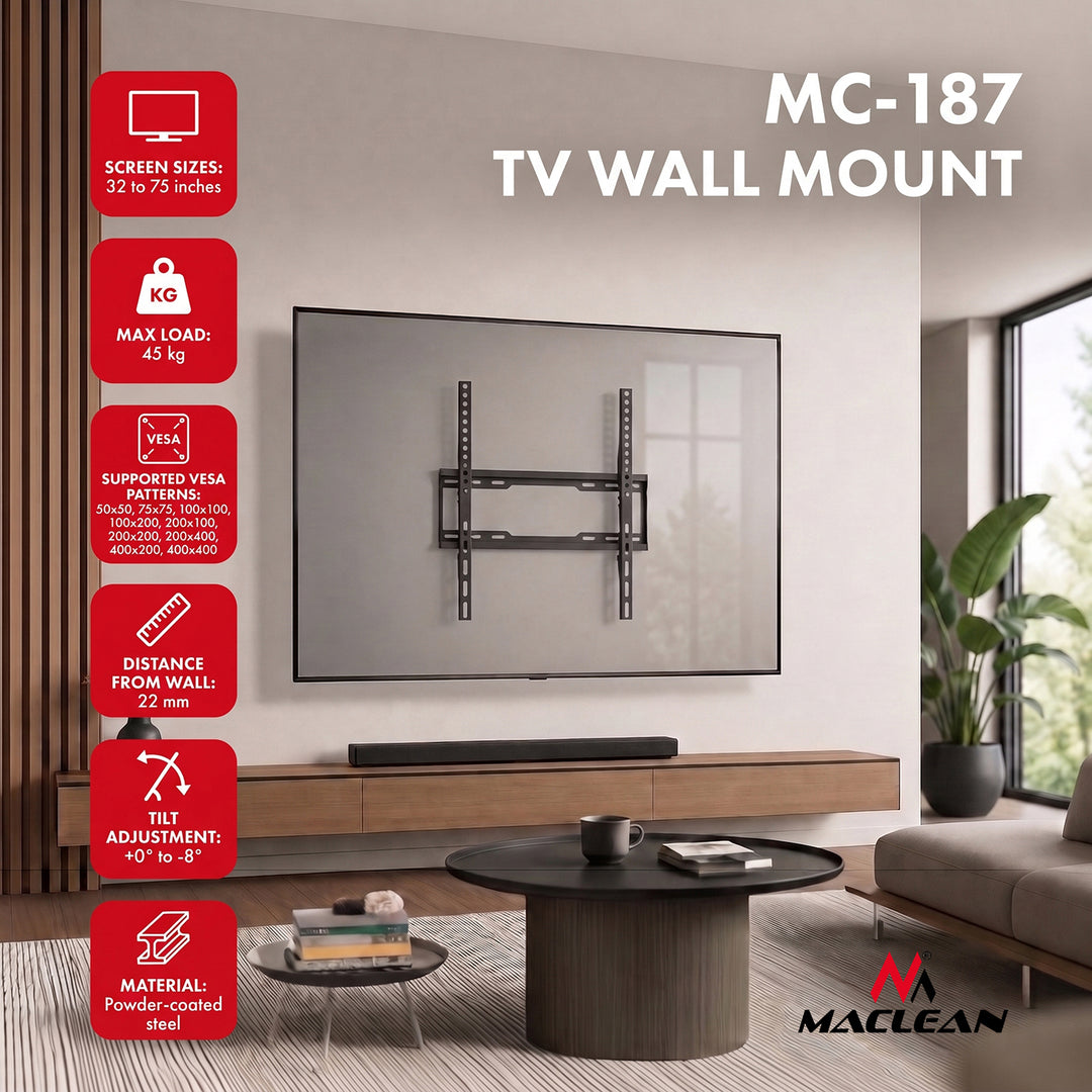 Maclean TV-beslag/ophæng, maks. VESA 400x400, 32-75", op til 45 kg, sort, hældningsjustering 0°~-8°, MC-187