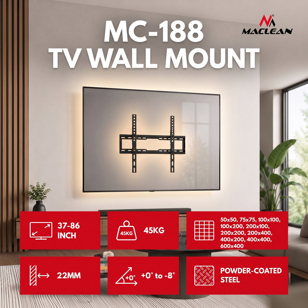 Maclean TV-beslag/ophæng, maks. VESA 600x400, 37-86", op til 45 kg, sort, hældningsjustering 0°~-8°, MC-188