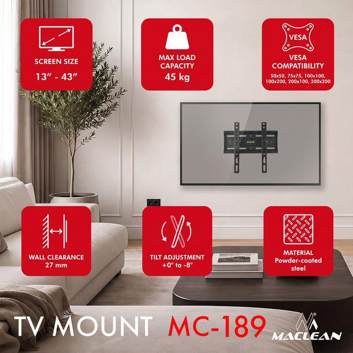 Maclean TV-beslag/ophæng, maks. VESA 200x200, 13-43", op til 45 kg, sort, hældningsjustering +2°~-10°, MC-189