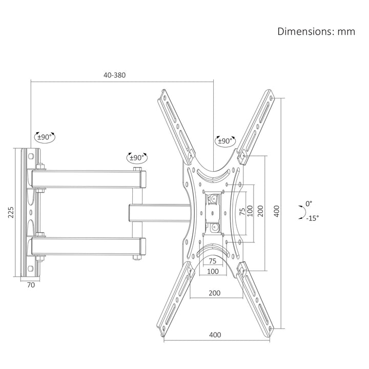 Maclean TV-beslag/ophæng, maks. VESA 400x400, 32-55", op til 25 kg, sort, hældningsjustering 0°–-15° og drejning +90°–-90°, MC-190