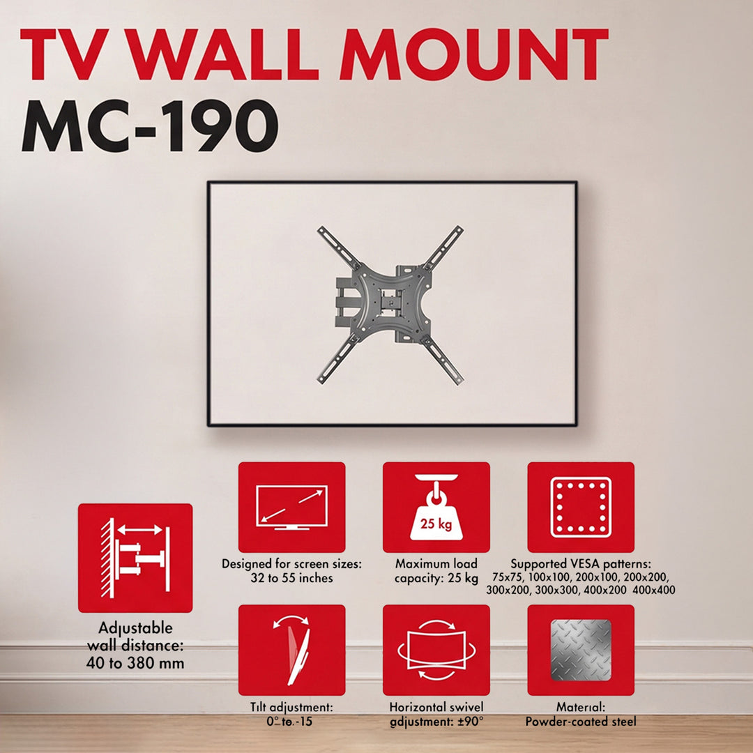 Maclean TV-beslag/ophæng, maks. VESA 400x400, 32-55", op til 25 kg, sort, hældningsjustering 0°–-15° og drejning +90°–-90°, MC-190