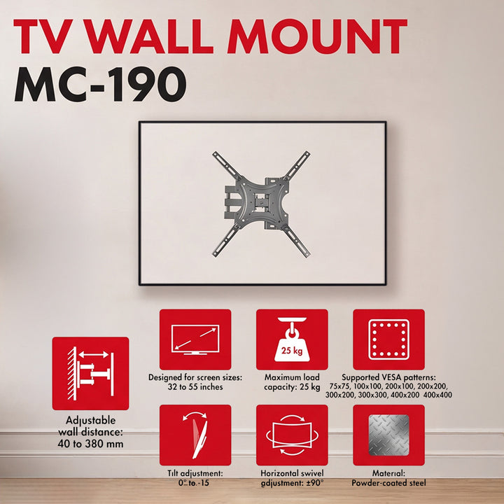 Maclean TV-beslag/ophæng, maks. VESA 400x400, 32-55", op til 25 kg, sort, hældningsjustering 0°–-15° og drejning +90°–-90°, MC-190