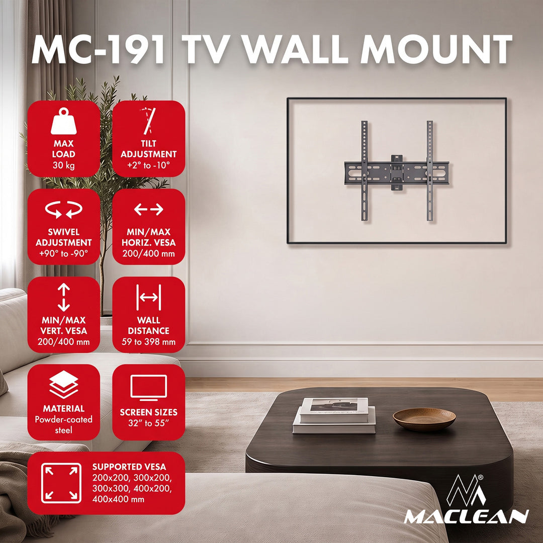 Maclean TV-beslag/ophæng, maks. VESA 400x400, 32-55", op til 30 kg, sort, justerbar hældning +2°~-10° og drejning +90°~-90°, MC-191