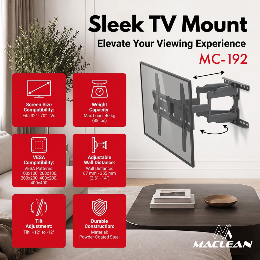 Maclean TV-beslag/ophæng, maks. VESA 400x400, 32-70", op til 40 kg, sort, hældningsjustering +12°~-12° og drejning +60°~-60°, MC-192