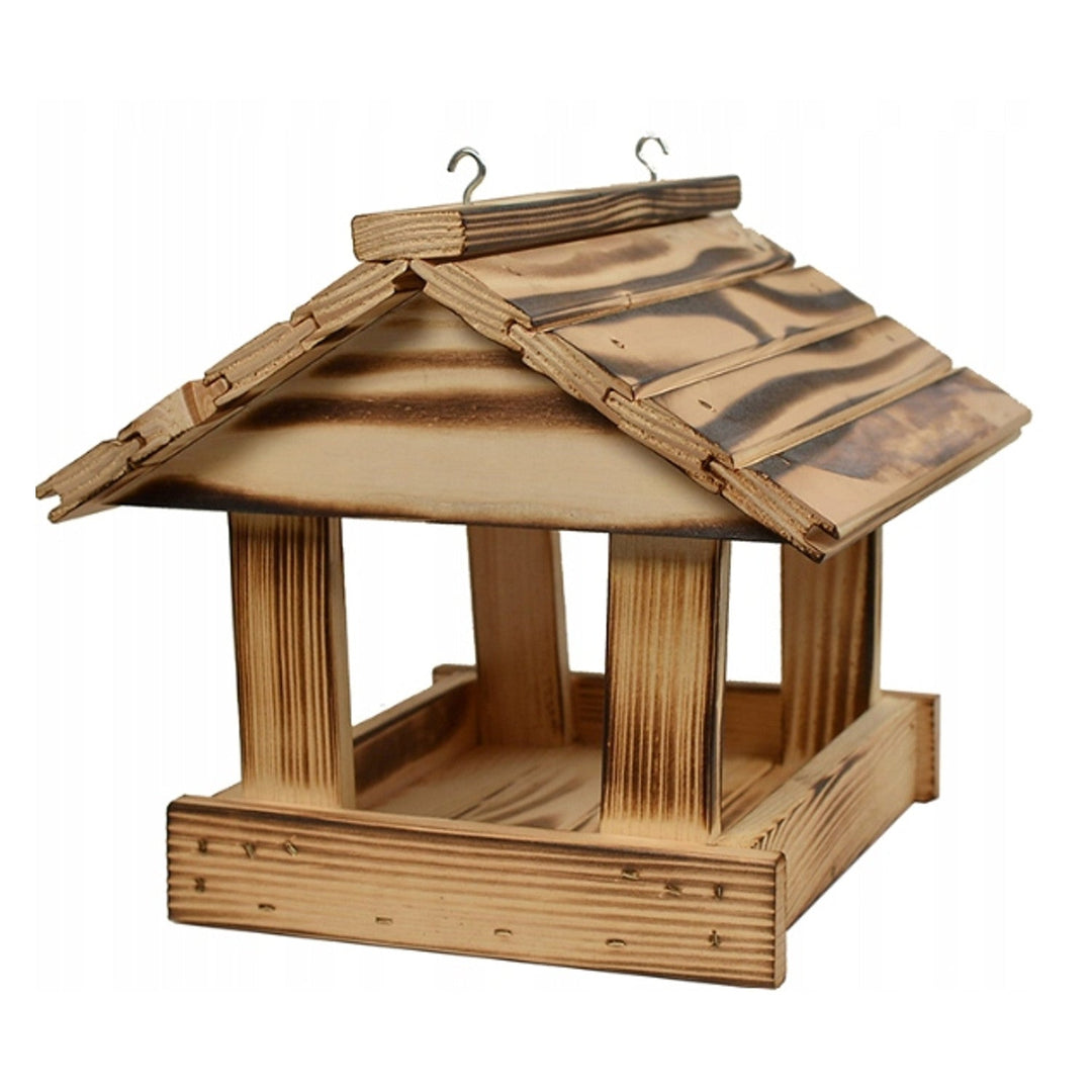 Woodok fuglefoderhus, fyrretræ, brændt, stærke kroge + fuglefrø 1 kg