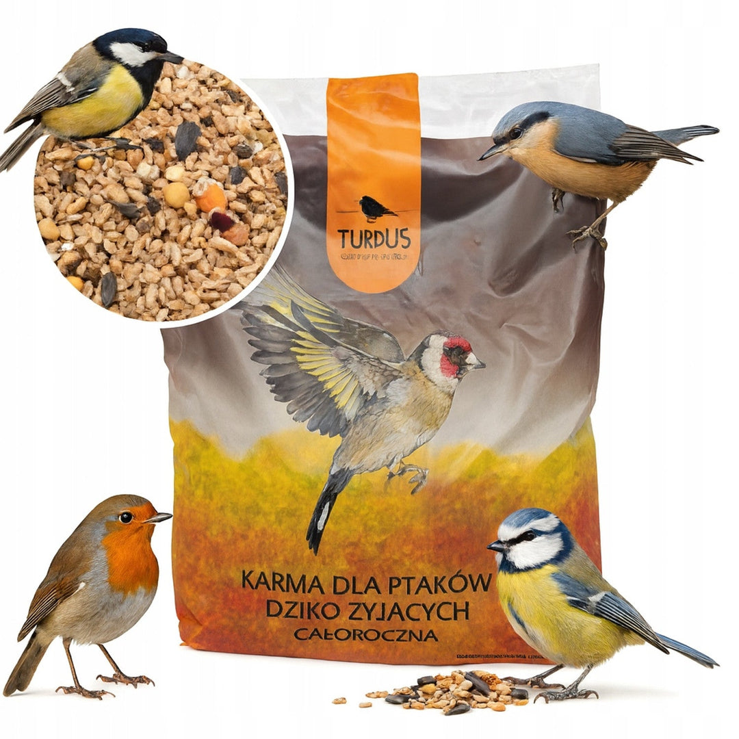 Woodok fuglefoderhus, fyrretræ, brændt, stærke kroge + fuglefrø 1 kg