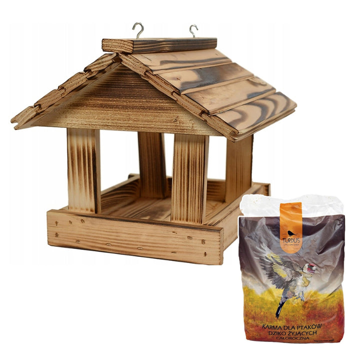 Woodok fuglefoderhus, fyrretræ, brændt, stærke kroge + fuglefrø 1 kg
