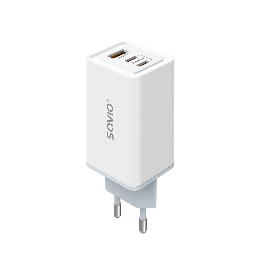 Savio netoplader, 1x USB-A, 2x USB-C, GaN, 65 W, hvid, SAVLA-07