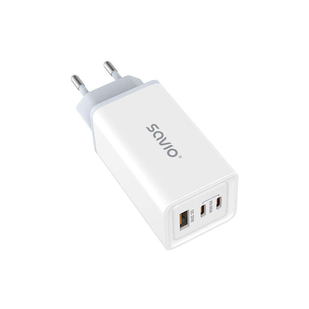 Savio netoplader, 1x USB-A, 2x USB-C, GaN, 65 W, hvid, SAVLA-07