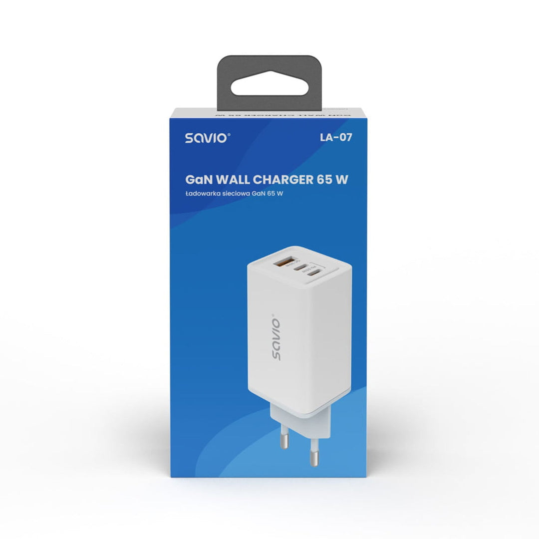 Savio netoplader, 1x USB-A, 2x USB-C, GaN, 65 W, hvid, SAVLA-07