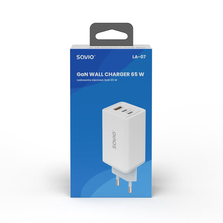 Savio netoplader, 1x USB-A, 2x USB-C, GaN, 65 W, hvid, SAVLA-07