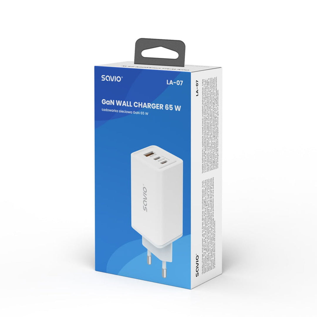 Savio netoplader, 1x USB-A, 2x USB-C, GaN, 65 W, hvid, SAVLA-07