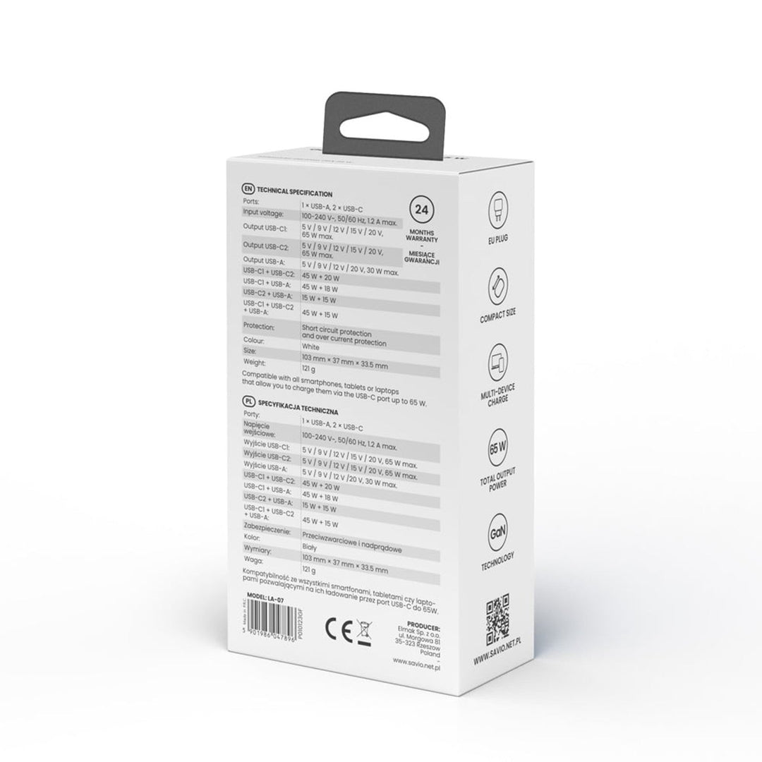 Savio netoplader, 1x USB-A, 2x USB-C, GaN, 65 W, hvid, SAVLA-07