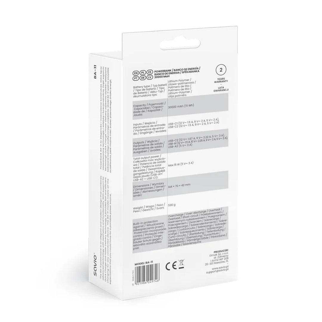 Powerbank SAVIO, 2 USB-porte, 1 USB-C-port, Quick Charge, Power Delivery, SAVBA-11