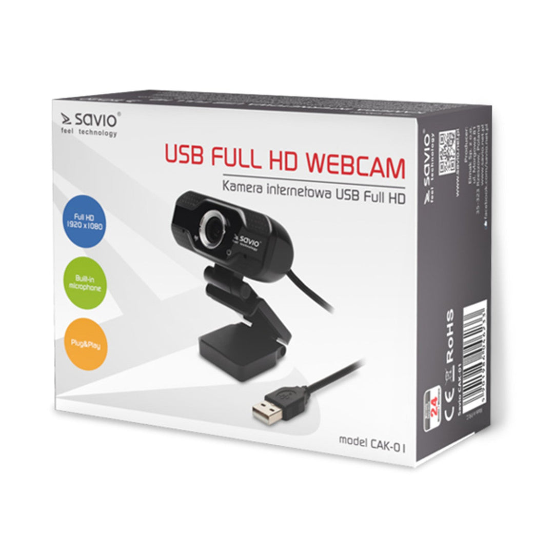 Savio webcam, Full HD-opløsning 1920x1080, mikrofon, USB, SAVCAK-01