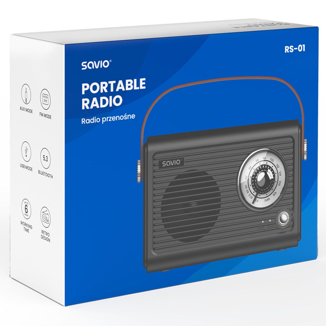 Savio bærbar FM-radio, batteridrevet, Bluetooth, AUX, SAVRS-01