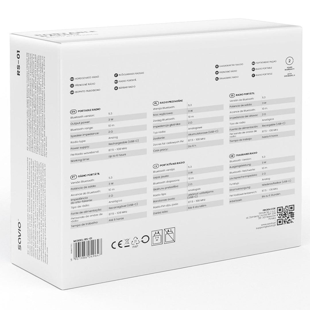 Savio bærbar FM-radio, batteridrevet, Bluetooth, AUX, SAVRS-01