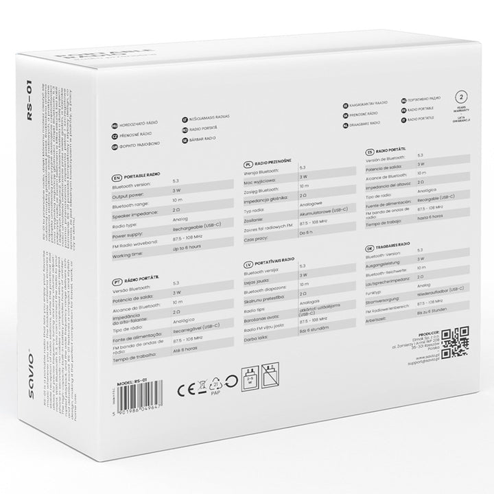 Savio bærbar FM-radio, batteridrevet, Bluetooth, AUX, SAVRS-01