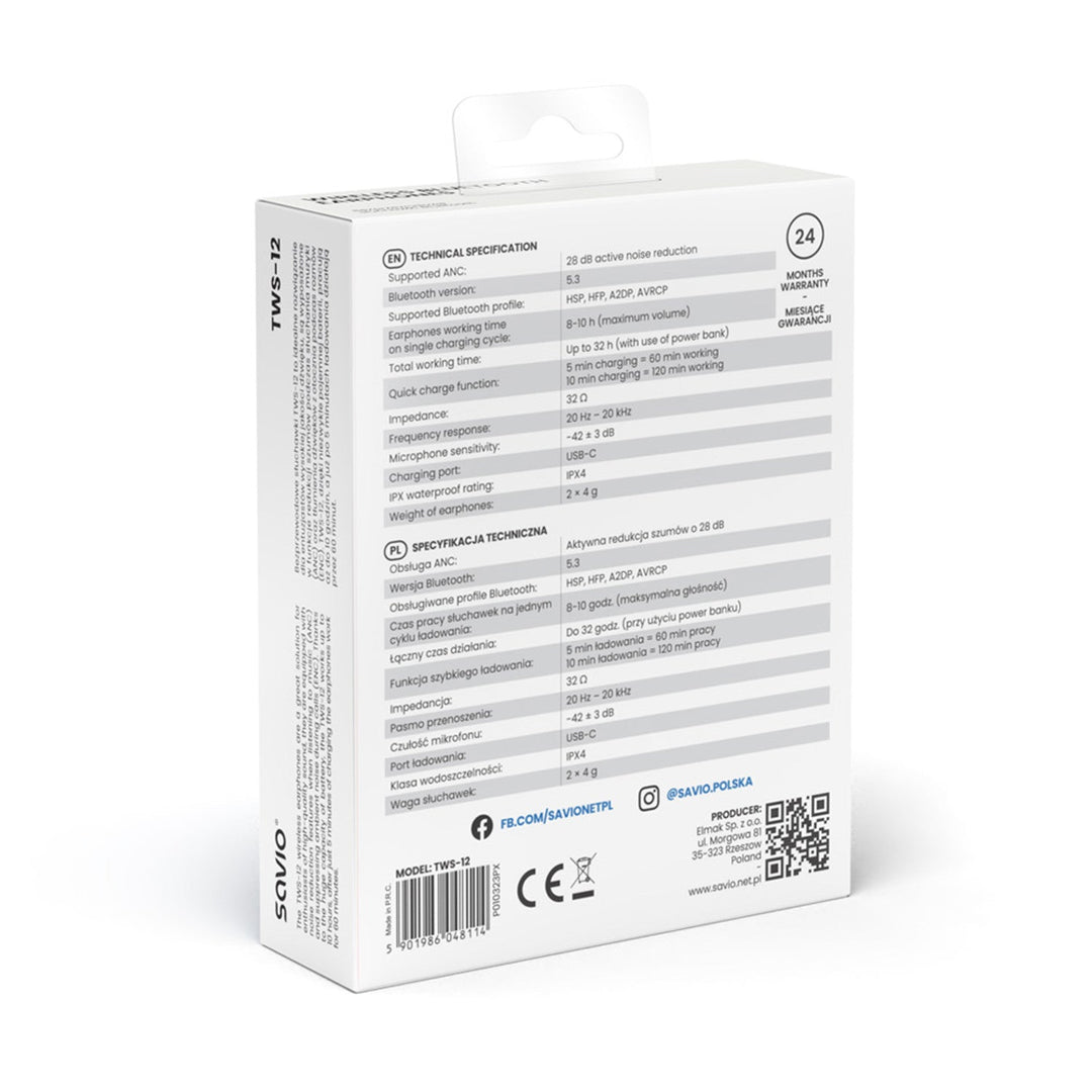 Savio trådløse hovedtelefoner, Bluetooth 5.3, ANC, USB-C, sort